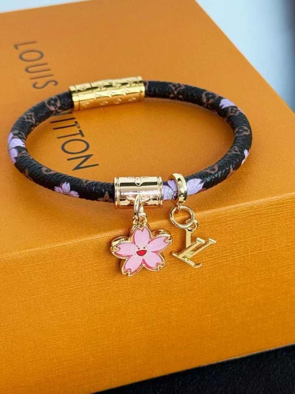 Louis Vuitton Monogram Leather Bracelet Pink Sakura Flower LV Charm